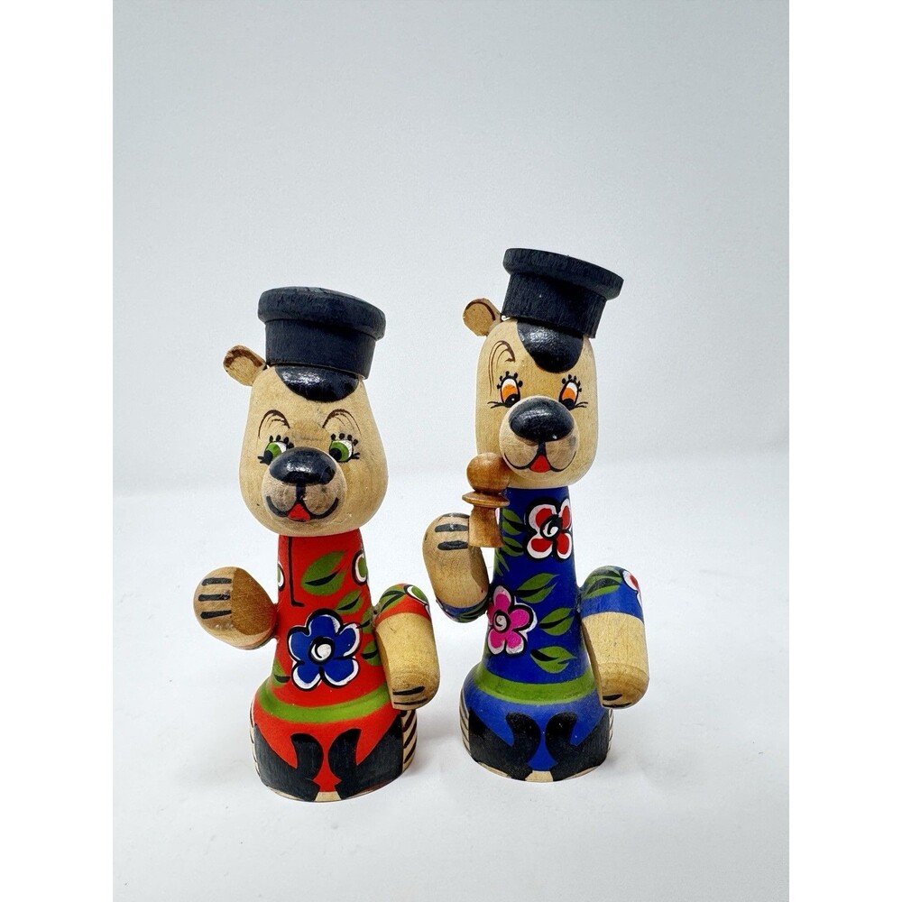 Vintage Hand Carved Painted Russian Wood Bear Figurines 4.5" Tall Set of 2